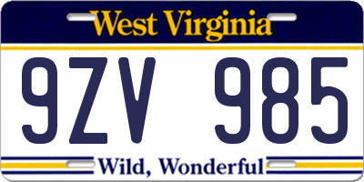 WV license plate 9ZV985