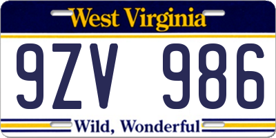 WV license plate 9ZV986