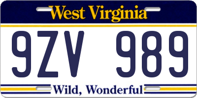 WV license plate 9ZV989