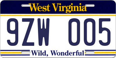 WV license plate 9ZW005