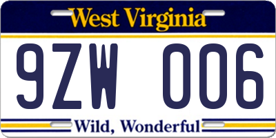 WV license plate 9ZW006