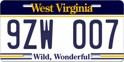 WV license plate 9ZW007