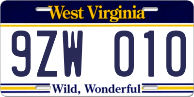 WV license plate 9ZW010