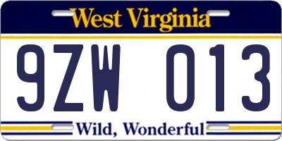 WV license plate 9ZW013