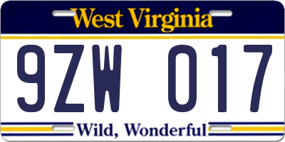 WV license plate 9ZW017
