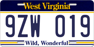 WV license plate 9ZW019
