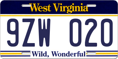 WV license plate 9ZW020