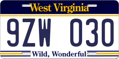 WV license plate 9ZW030