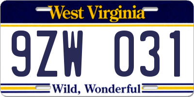 WV license plate 9ZW031