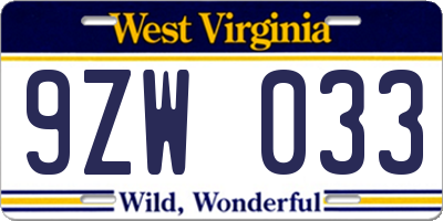 WV license plate 9ZW033