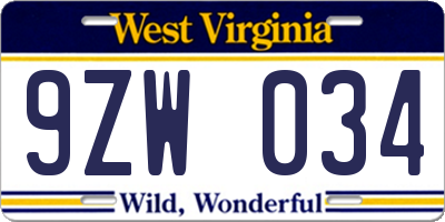 WV license plate 9ZW034