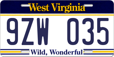 WV license plate 9ZW035