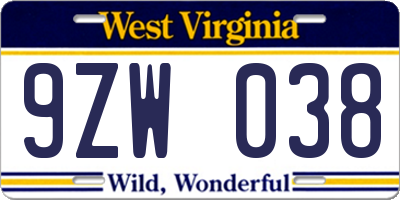 WV license plate 9ZW038