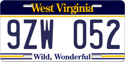 WV license plate 9ZW052