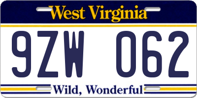 WV license plate 9ZW062