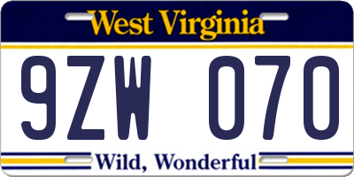 WV license plate 9ZW070