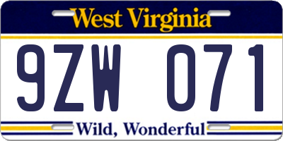 WV license plate 9ZW071