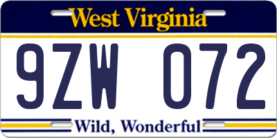 WV license plate 9ZW072