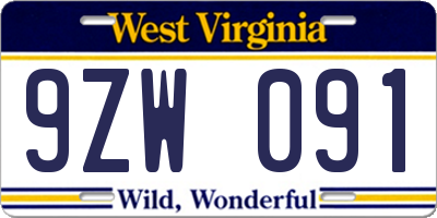 WV license plate 9ZW091