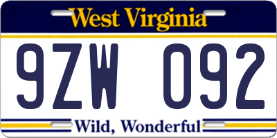 WV license plate 9ZW092