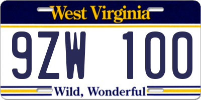 WV license plate 9ZW100