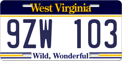 WV license plate 9ZW103
