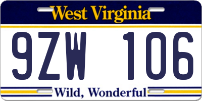 WV license plate 9ZW106