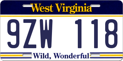 WV license plate 9ZW118
