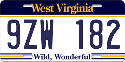 WV license plate 9ZW182