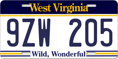 WV license plate 9ZW205
