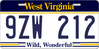 WV license plate 9ZW212