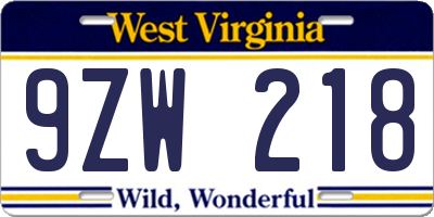 WV license plate 9ZW218