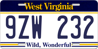 WV license plate 9ZW232