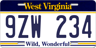 WV license plate 9ZW234