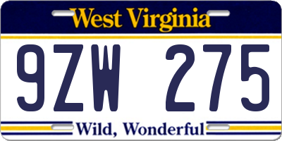 WV license plate 9ZW275