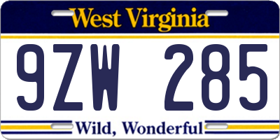 WV license plate 9ZW285