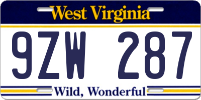 WV license plate 9ZW287