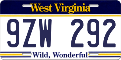 WV license plate 9ZW292