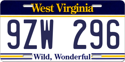 WV license plate 9ZW296