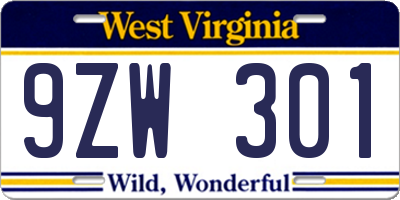 WV license plate 9ZW301