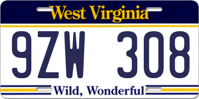 WV license plate 9ZW308