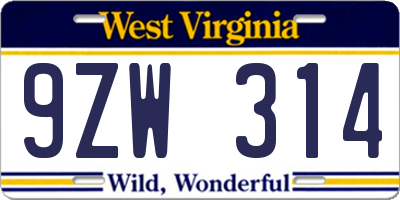 WV license plate 9ZW314