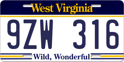 WV license plate 9ZW316