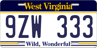 WV license plate 9ZW333