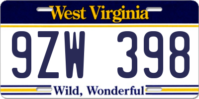 WV license plate 9ZW398