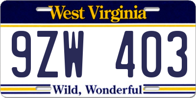 WV license plate 9ZW403