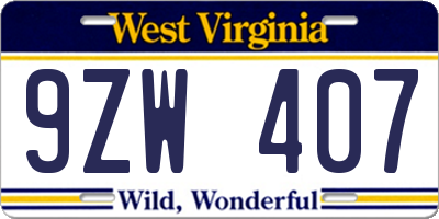 WV license plate 9ZW407