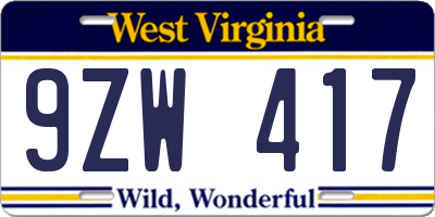 WV license plate 9ZW417