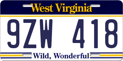 WV license plate 9ZW418