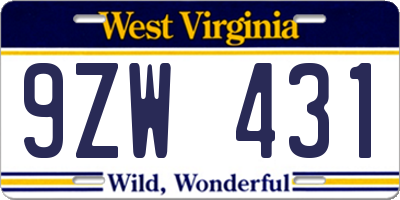 WV license plate 9ZW431